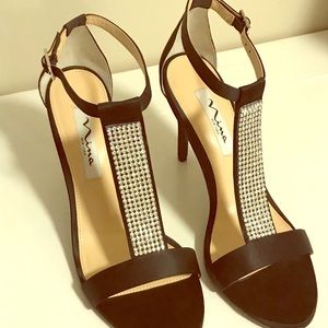 Nina Black T-Strap Rhinestones High Heels Sandals